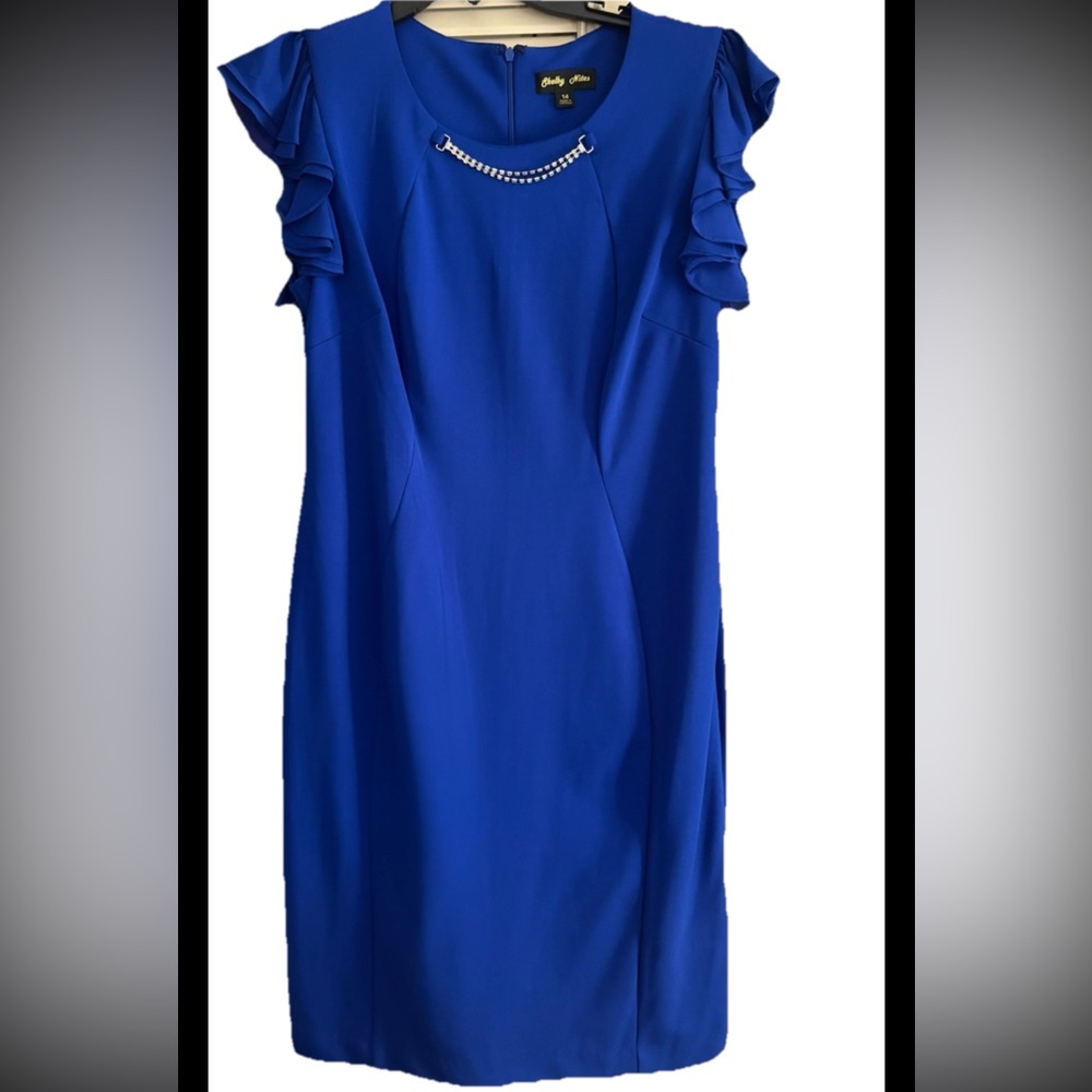 Blue Mini Sheath Dress with Ruffled Sleeves